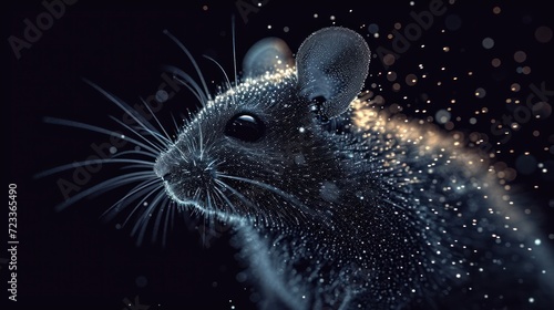  a close up of a mouse's face on a black background with bubbles of light coming out of the top of the mouse's face and the mouse's head.