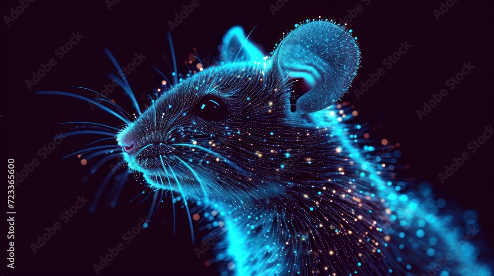  a computer generated image of a rat's head and body in blue and pink colors on a black background with bubbles of light coming from the top of the rat's head.