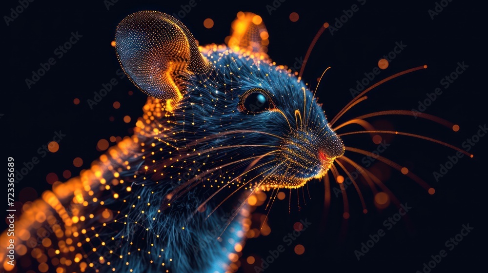  a close up of a rat's face with a lot of dots on it's face and a blurry image of the rat's body in the background.