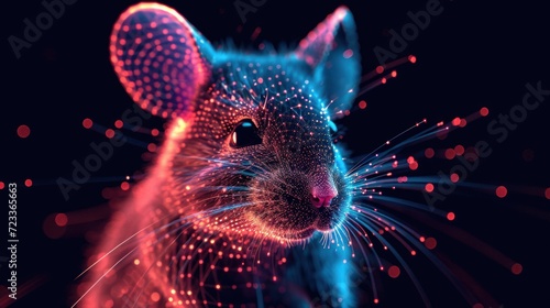  a close up of a mouse's face with red and blue lights in the middle of the mouse's face and a black background with red and blue dots.