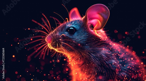  a close up of a rat on a black background with a red and blue light coming out of it's mouth and a black background with red and orange lights.