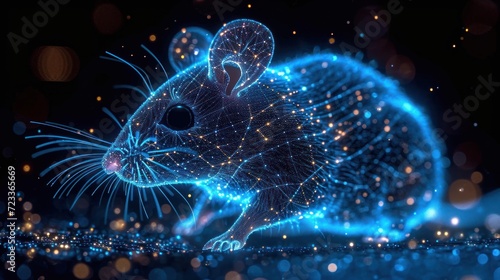  a computer generated image of a rat on a black background with blue and yellow lights and a blurry image of a rat in the middle of it's body.