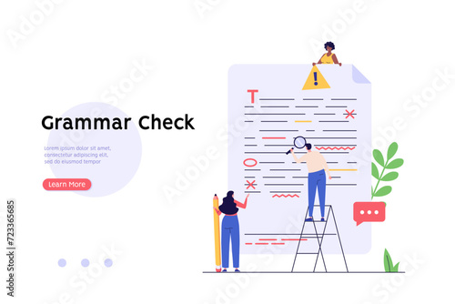 Editing document with text. Correcting grammar mistake with red marker. Teacher fix page text errors. Concept of proofread script, grammar edit, correcting mistake. Vector flat cartoon illustration photo
