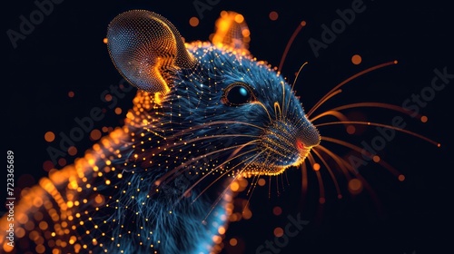  a close up of a rat's face with a lot of dots on it's face and a blurry image of the rat's body in the background.