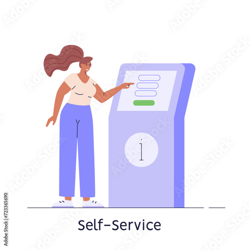 Using self-service with info. Users touch screen self service terminal. Concept of informational checkout service, info panel. People pushing on interactive information terminal. Vector illustration