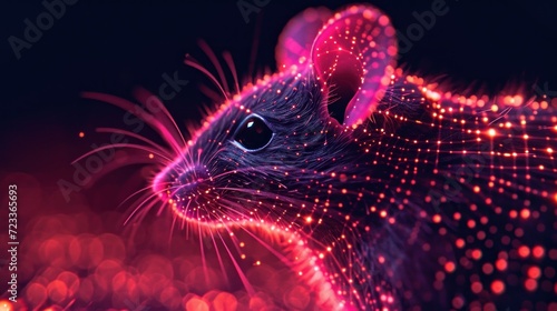  a close up of a mouse on a black background with red and pink lights and a blurry image of a mouse's head in the center of the image.