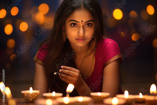 Portrait of a young girl at the Diwali festival, the traditional Indian festival of Diwali, blurred bokeh in the background