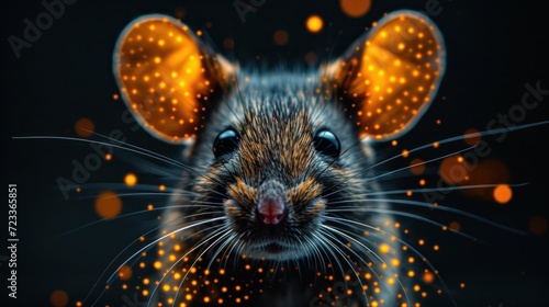  a close up of a mouse's face with a lot of lights on it's face and a blurry image of a mouse's head in the background.