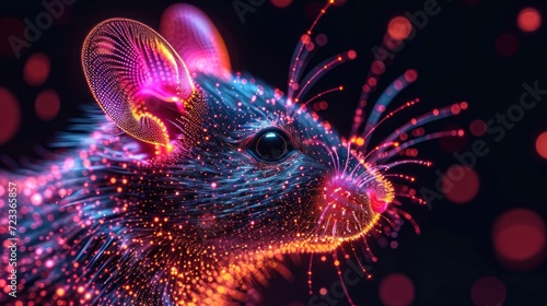  a close up of a small animal with a lot of lights on it's face and a blurry background of circles in the shape of a mouse's tail.