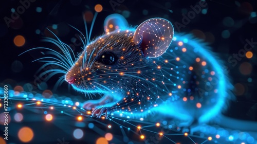  a computer generated image of a mouse on a dark background with bright lights and a blurry image of a mouse in the middle of the mouse's tail.