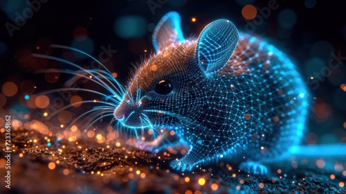  a computer generated image of a mouse on a dark background with boke of lights in the shape of a mouse's head and a mouse's tail.