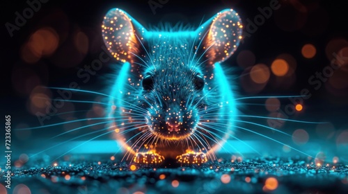  a close up of a mouse on a blue and black background with blurry lights around it and a blurry image of a mouse in the middle of the middle of the image.