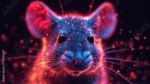  a close up of a mouse with a lot of lights on it's face and a blurry background of red, orange, blue, and pink lights.