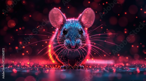  a close up of a mouse near a body of water with a blurry background of red and blue lights in the middle of the image and a black background.
