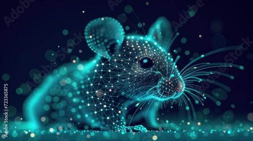  a computer generated image of a mouse on a dark blue background with small dots of light coming out of the mouse's body and the mouse's head.