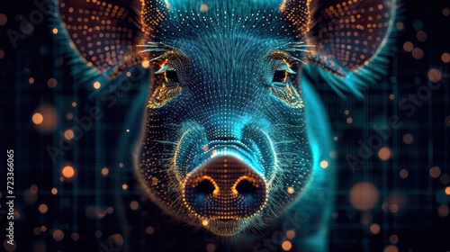  a close up of a pig's face with a lot of dots on it's face and in the background it's image is blue and orange. photo