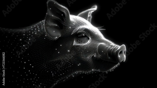  a black and white photo of a cow's head with lines and dots in the shape of a cow's head on a black background with white dots.