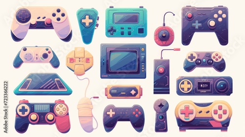 Game consoles. Vintage retro gadgets for kids pleasure relax time gaming stuff recent vector stylized pictures set of gadget for gaming entertainment, control gamepad illustration