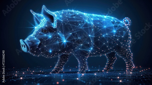  a pig that is standing in the middle of a dark room with a lot of lights on it's sides and a blue background that has a lot of stars.