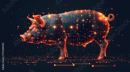  a pig standing in the middle of a black background with a lot of bright lights on it's side and a line of dots in the middle of the pig's back.