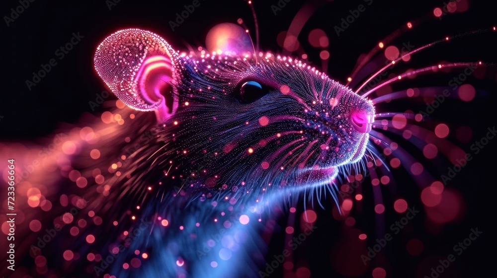 a close up of a rat's face on a black background with pink and blue lights in the middle of the rat's head and the rat's head. a close up of a rat's face on a black background with pink and blue lights in the middle of the rat's head and the rat's head.
