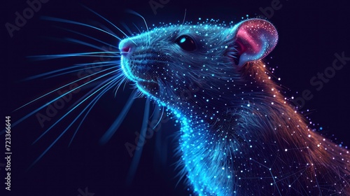  a close up of a rat's face with blue and red lights on it's face and a black background with stars in the shape of the rat's head.