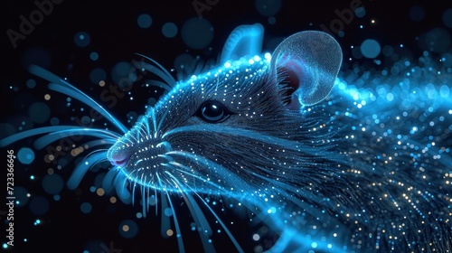  a computer generated image of a rat's face with blue lights on it's face and a blurry background of blue and white circles around the rat's head.