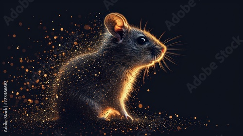  a close up of a rodent on a black background with gold flecks on it's body and a black background with gold flecks all over it.