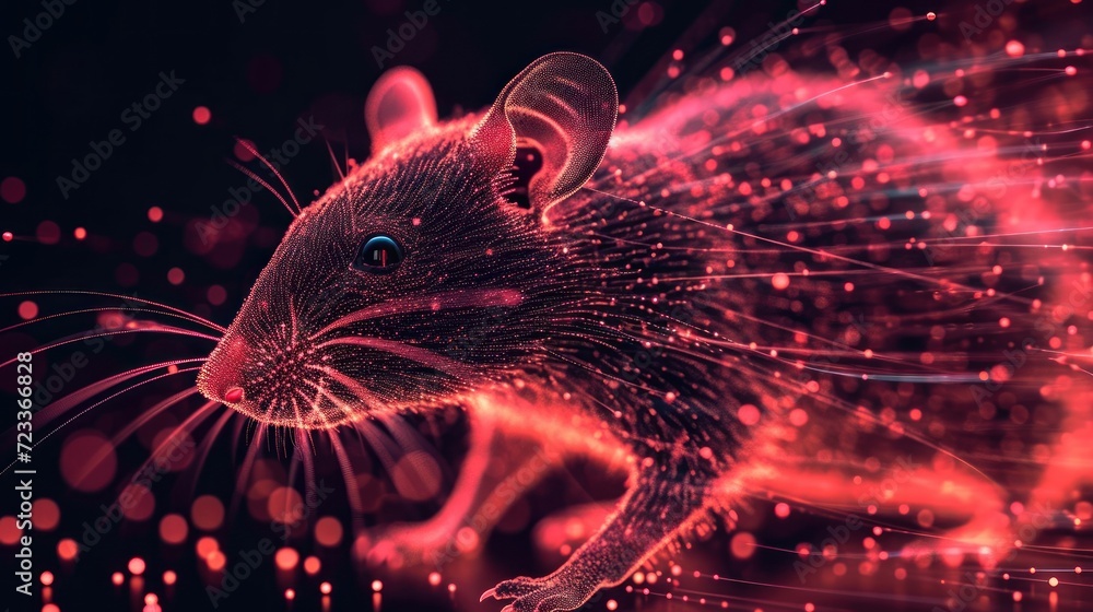  a computer generated image of a rat on a black background with red and pink lights in the shape of a rat and a black background with red and pink dots.