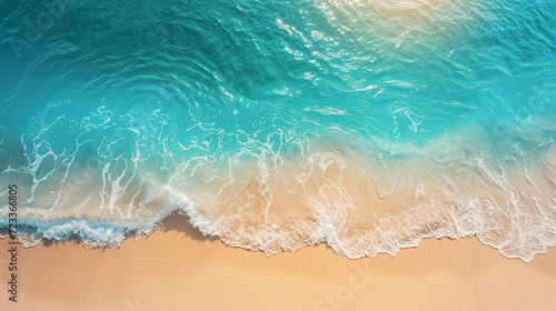 An aerial view captures the gentle embrace between the azure waves and the soft sandy beach  creating a tranquil and picturesque scene