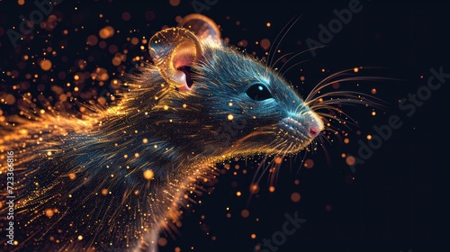  a close up of a rat's face with a blurry background of gold flecks on a black background with a blurry image of the rat's head.