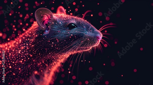  a close up of a rat on a black background with a red and blue light coming out of the rat's head and the rat looks like it's head.
