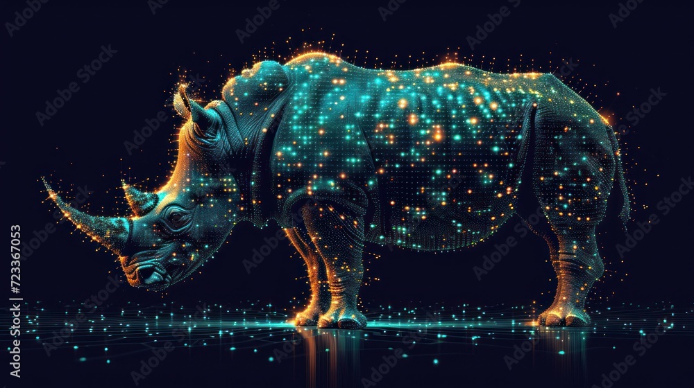  a rhinoceros standing in the middle of a body of water with bright lights on it's body and a black background with a pattern of small stars.
