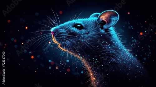  a close up of a rat's face on a black background with a blue and red light coming out of it's right side of the rat's head.