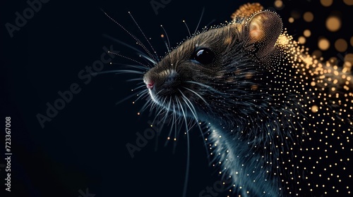  a close up of a rat's face with a lot of gold dots on it's back and it's face looking like it's coming out of a mouse.