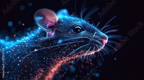  a close up of a rat on a black background with a blue and red light coming out of it's mouth and a black background with blue and white dots.