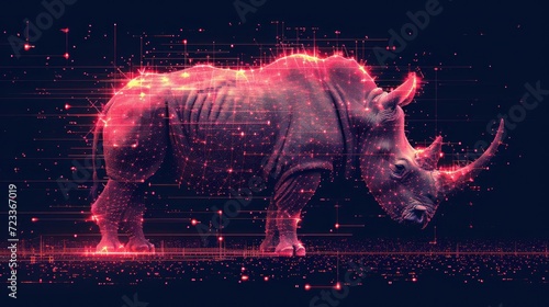  a rhinoceros standing in front of a black background with red and pink lines on it's body and a black background with red and white dots in the middle.