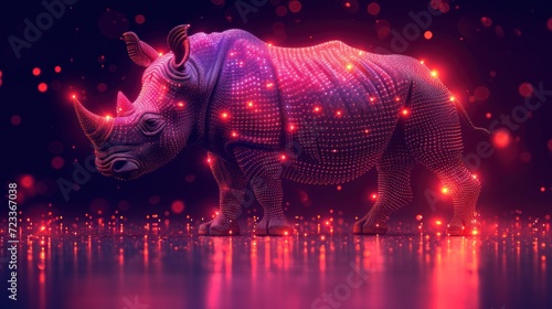  a rhinoceros standing in the middle of a body of water with bright lights on it s sides and a black background with red and purple spots around it.