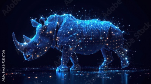  a rhinoceros standing in the middle of a dark room with a lot of lights on it's body and a lot of stars on it's back.
