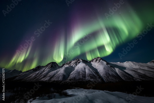 green lights in the sky over snowy mountains