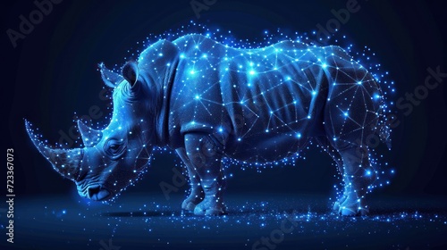  a rhinoceros standing in front of a dark background with stars and lines in the shape of the rhinoceros and the shape of the rhinoceros.