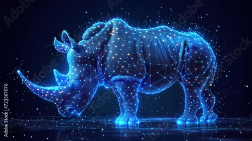  a rhinoceros standing in the middle of a night scene with stars and lines on it's back and a black background with a blue hued out image of the rhinoceros.