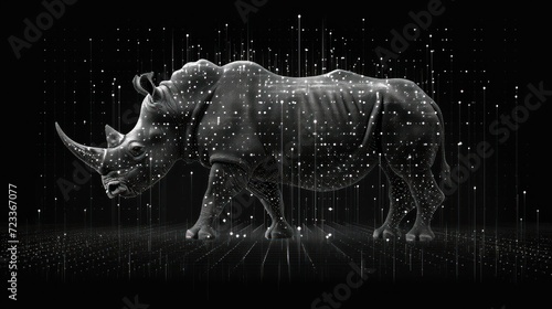  a rhinoceros standing in the middle of a dark room with white dots on it's walls and a black background with white dots all overlays.