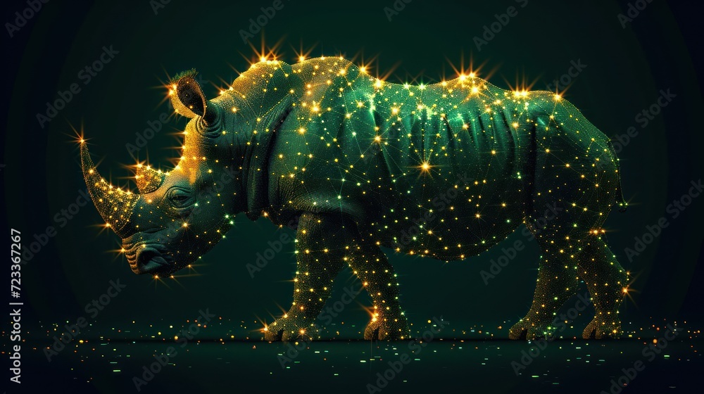  a picture of a rhinoceros with a lot of lights on it's body and a lot of stars on it's back, all around its neck.