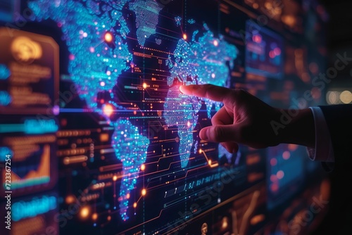 strategic planning session, with a close-up on a hand pointing to a lit-up digital world map, emphasizing decision-making in global investments