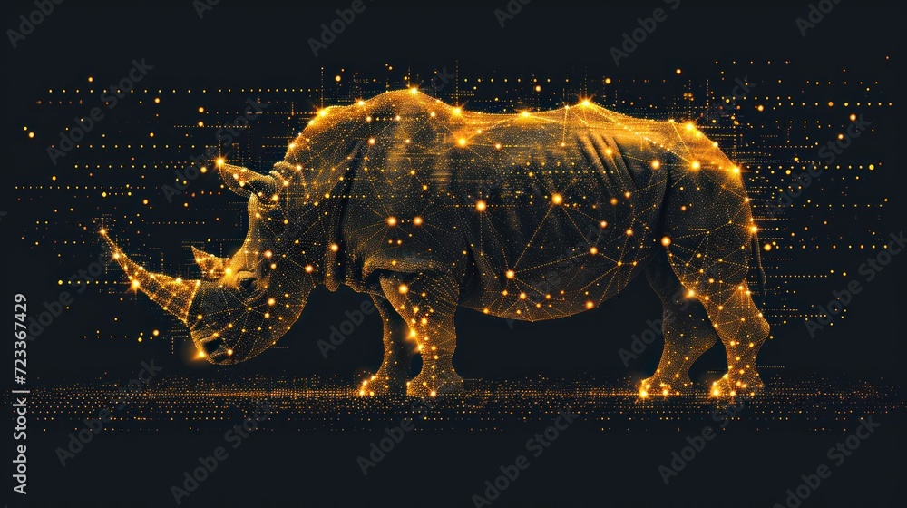 a rhinoceros standing in front of a black background with a lot of yellow lights on it's body and a string of lights in the back of its neck. a rhinoceros standing in front of a black background with a lot of yellow lights on it's body and a string of lights in the back of its neck.