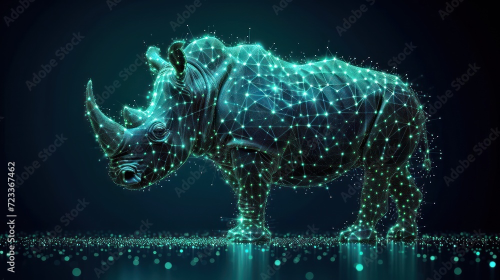  a rhinoceros standing in front of a blue background with lines and dots in the shape of the rhinoceros and the shape of the rhinoceros.