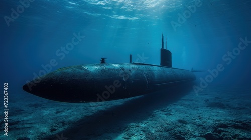 Naval submarine submerge deep underwater near to ocean floor photo