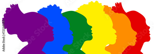 Lgbt. Inclusão. Diversidade. Ilustração LGBT de rostos celebração da diversidade LGBTQIAPN+. Vermelho, Laranja, Amarelo, Verde, Azul, Roxo. Parada Gay. Parada LGBT+ photo