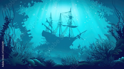 Ocean underwater landscape with sunken sailing ship, seaweed and reef. Deep sea world, seabed landscape vector background with undersea life. Seafloor aquatic scene with pirate caravel silhouette